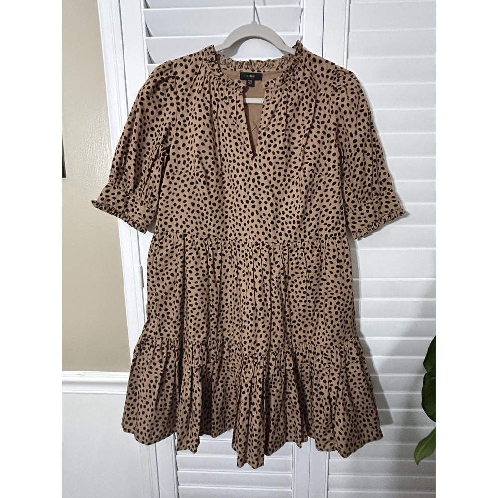J.Crew Dress Womens XXS Tan Black Polka Dot Tiered Ruffle Hem Lined Cotton Mini